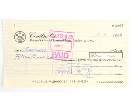 Peter Cushing (1913-1994) - Coutts & Co cheque, handwritten and signed by the actor in his familiar blue ink, drawn on the ac