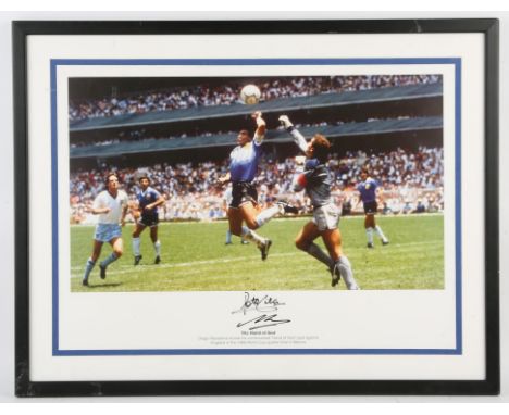 Maradona and Peter Shilton signed football photo 'The Hand of God', framed, 53 x 70 cm. 