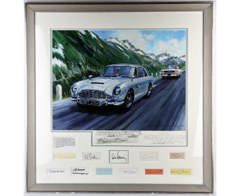 James Bond Goldfinger autographed giclee print by Nicholas Watts, showing Bonds Aston Martin DB5 in a scene from the film wit