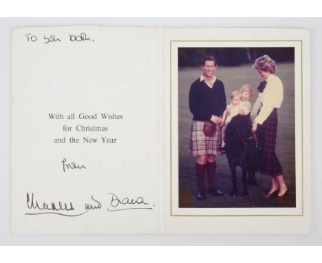 King Charles (as Prince of Wales) & Diana (Princess of Wales) Signed Christmas card, 1985 - folding white card with two gilt 