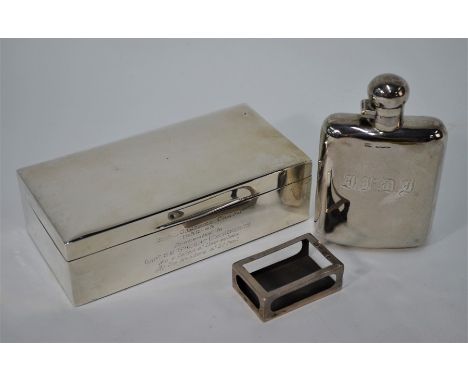 A silver hip flask with hinged bayonet bun cover, James Dixon &amp; Son, Sheffield (possibly 1923,), 4.4oz gross, to/w a ciga