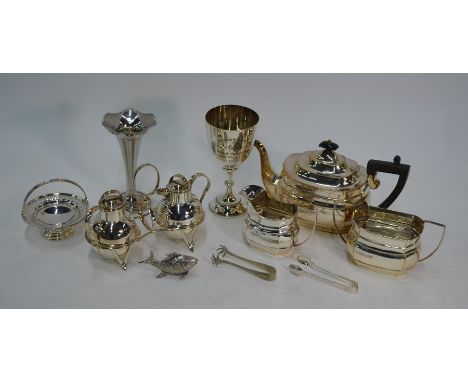 An epns Jersey cream and sugar pair on stand, a three-piece tea service, trophy cup and other items (box)