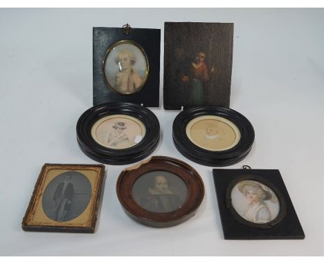 An oval portrait miniature on ivory of an 18th century lady to/w two circular pencil miniatures of a fashionable young lady a