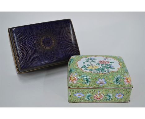 A late 19th/early 20th century Chinese rectangular cloisonne box with hinged cover, base metal with blue enamel and radiating