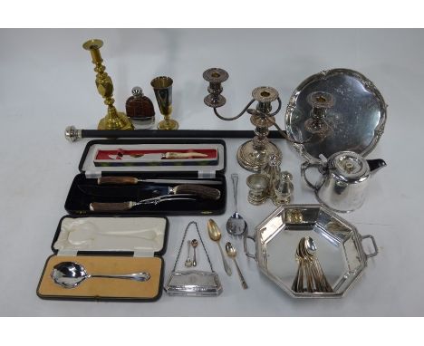 Various electroplated wares including hip flask, salver, candelabrum, cruet set etc to/w a cased carving set with antler hand