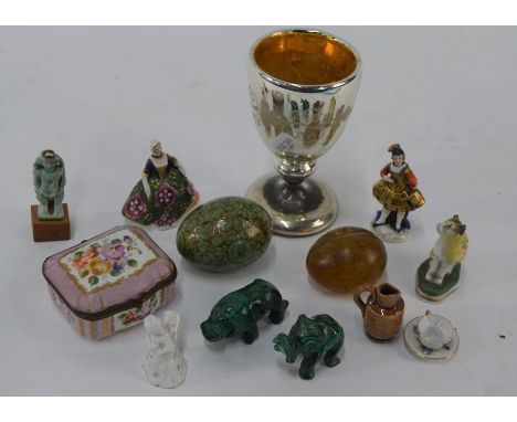 Various collectables including two Samson of Paris gold anchor miniature figural scent bottles, blue faience antiquity figure