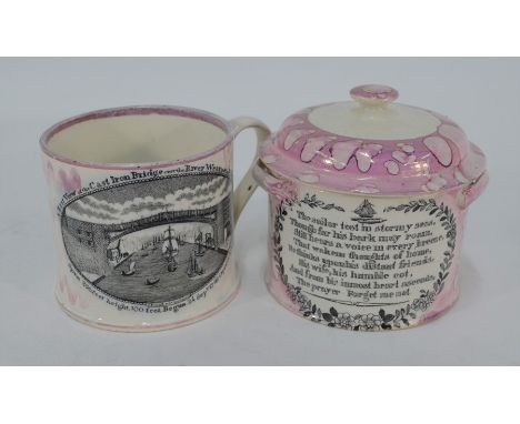 A Sunderland lustre 19th century mug, black transfer print of Ironbridge to one side and verse ' Mild Charity's Glow.....' to