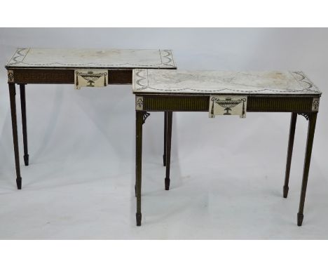 A companion pair of George III marble top console tables, the rectangular top with green marbled scagliola decoration, the fr