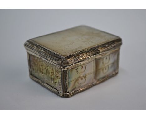 An 18th Century Dutch silver and mother of pearl snuff box, the top panel finely engraved with 'The Sleeping Pedlar Robbed by