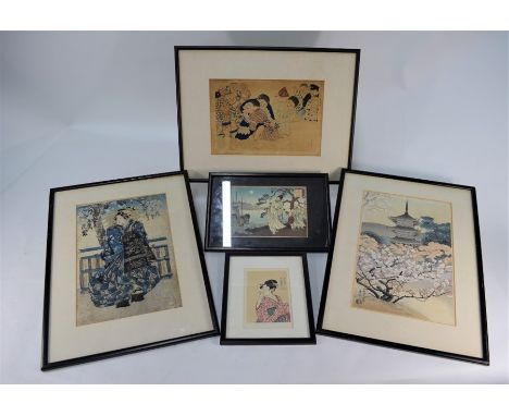 Four framed Japanese Meiji period and later Ukiyo-e woodblock prints; boys wrestling after Yamamoto Shoun 36 x 24 cm, a study