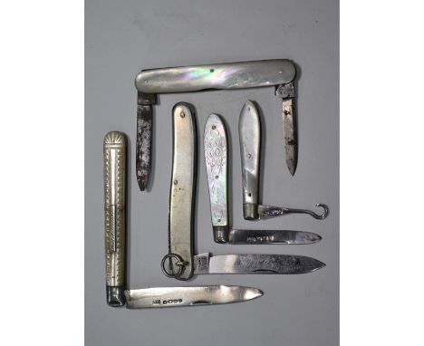 Two Victorian penknives with electroplated handles and a similar folding glove-button hook, to/w two other penknives (5)