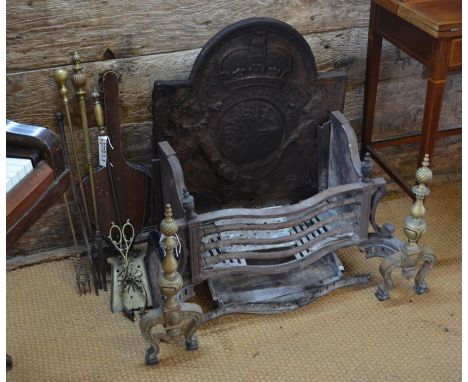 A George III cast iron fireback with royal cypher 56 cm x 58 cm to/with fire tools and an antique cast iron and brass serpent