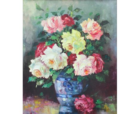 R DesmaretzStill life study of a vase of rosesOil on canvasSigned58.5 x 48cm