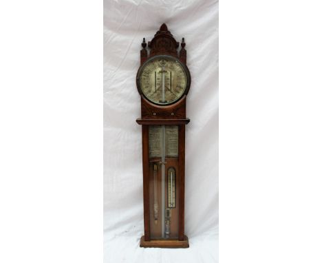 A carved oak case "Improved Torricelli Barometer" with a 9.5 inch ceramic main dial printed numerous weather forecasts for "Y