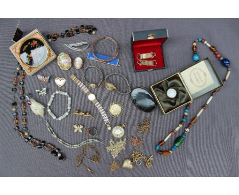 A Lady's Rotary wristwatch together with other watches, brooches, Stratton compact, enamel box, gilt metal Albert chain, brac