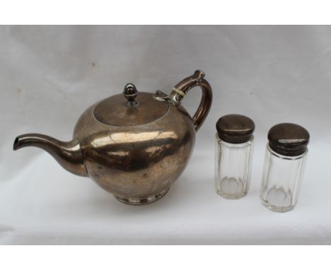 A Victorian silver teapot of spherical shape on a spreading foot, Glasgow, 1843, Robert Gray & Son, together with two silver 