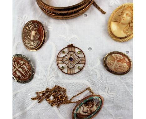 An amethyst, pearl and peridot pendant together with a miniature portrait mounted in a pendant, with plaited hair to the reve