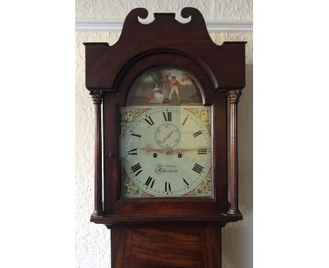 A large mahogany longcase grandfather clock with painted dial and decorated with figures. By Thomas Varley. Est. £300 - £400.