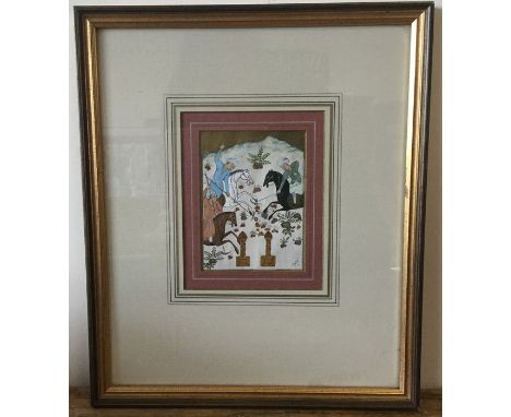A framed and glazed Eastern painting of a hunting scene with gilt border. Approx. 11 cms x 15 cms. Est. £30 - £40.