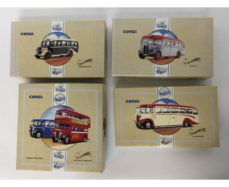 CORGI: Four various boxed "Classic Commercials from Corgi" die-cast model buses numbered as follows: 97106; 97193; 97192, and