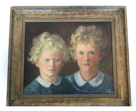 HAROLD HARVEY: A framed oil on canvas portrait of two siblings with blond hair and piercing blue eyes. Signed. Approx. 45 cms