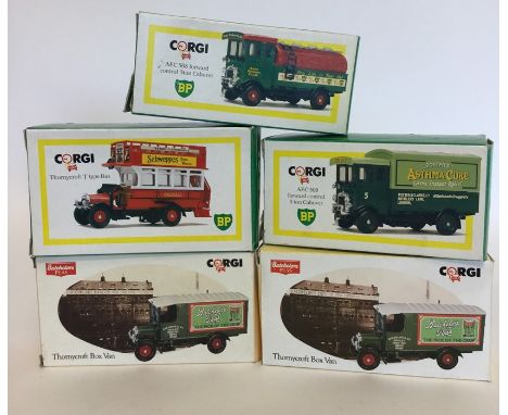 CORGI: Three boxed "BP" die-cast model vehicles comprising a Thornycroft 'J' type bus and two different AEC 508 forward contr