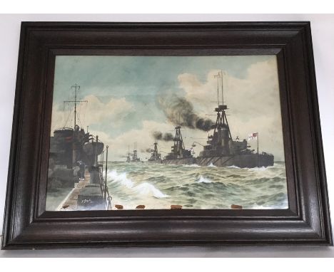 M K BARNETT: A framed and glazed World War I painting depicting units of The Grand Fleet 1917. Signed and dated 68 cms x 46 c
