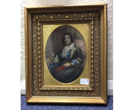 An attractive oval portrait of  a seated lady with dog in gilt frame. Approx. 18 cms x 25 cms. (ss). Est. £100 - £150.