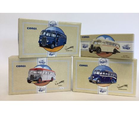 CORGI: Four boxed "Classic Commercials from Corgi" die-cast model buses numbered as follows: 98161; 97193; 97108, and 97194. 