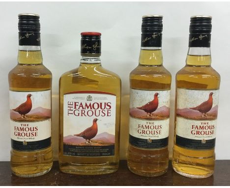 Three x 35cl bottles of The Famous Grouse Blended Scotch Whisky together with one other similar hip flask shaped 350ml bottle