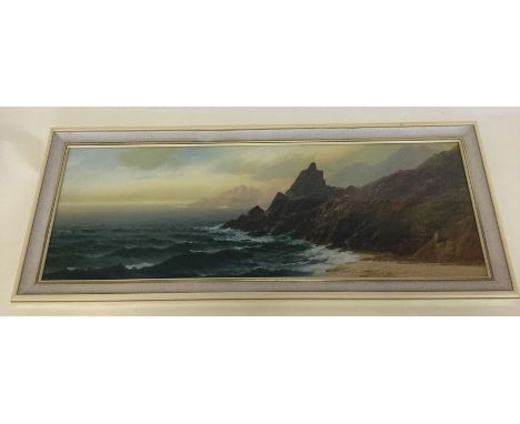 JOHN SHAPLAND: A framed and glazed seascape with rocky background. Approx. 78 cms x 27 cms. Est. £50 - £80.