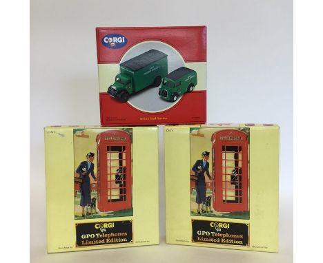 CORGI: Two boxed "GPO Telephones Limited Edition" die-cast model AEC CAbover Vans numbered D15/1, together with a boxed "Brit