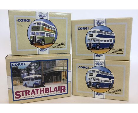 CORGI: Three boxed "Classic Commercials from Corgi" limited edition die-cast model buses numbered 96982; 96983, and 96982, to