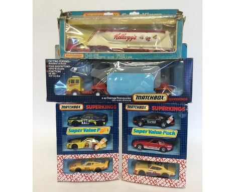 MATCHBOX: Two boxed "Superkings" die-cast Super Value Pack die-cast model racing cars, together with a K-113 Garage Transport