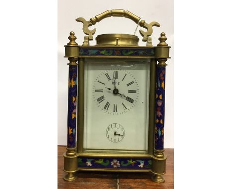 A good large cloisonné mounted repeater carriage clock with brass carrying handle. Est. £200 - £250.