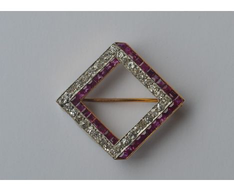 A good Art Deco ruby and diamond brooch of square form. Approx. 8 grams. Est. £1500 - £2000.