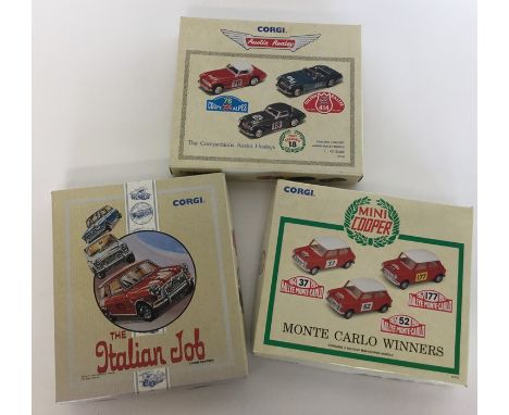 CORGI: A boxed set of three die-cast model Austin Healey cars numbered 97730, together with a similar boxed set of three Mini