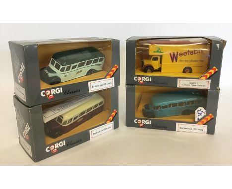 CORGI: Four boxed "Classics" die-cast model vehicles to include three Bedford coaches and a Bedford Weetabix lorry numbered 9
