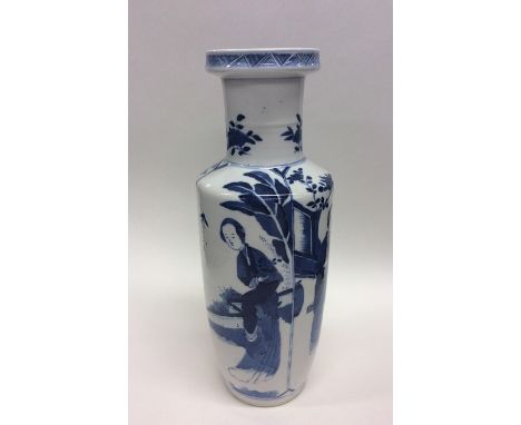 An Antique Chinese blue and white Kangxi vase decorated with figures. Seal mark to base. Approx. 30 cms high. Est. £400 - £60