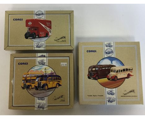 CORGI: Two boxed "Classic Commercials from Corgi" limited edition die-cast model buses numbered 96990 and 97075, together wit