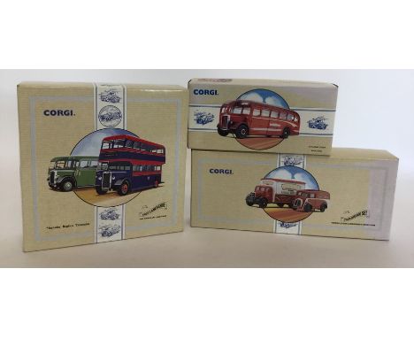 CORGI: Three boxed "Classic Commercials from Corgi" die-cast model buses numbered as follows: 97735; 97211, and 97077. (3). E