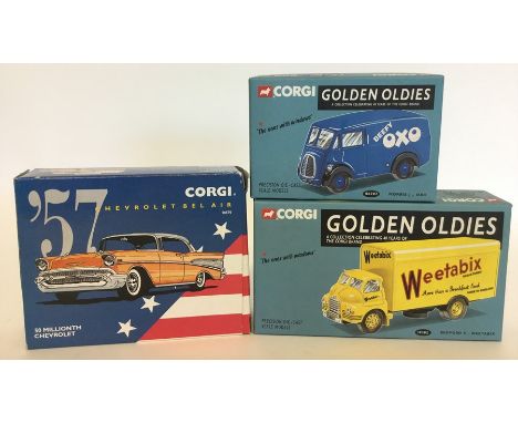 CORGI: A boxed die-cast model '57 Chevrolet Bel Air numbered 96570, together with two boxed "Golden Oldies" die-cast model tr