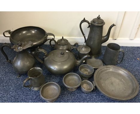An Antique pewter coffee pot together with a tea caddy etc. Est. £25 - £35.