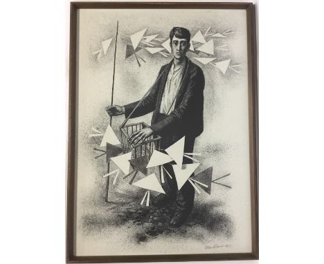 JOHN ROBERTS: "Seller of Paper Birds". A large framed and glazed lithograph. Signed and dated. Approx. 57 cms x 81 cms. Est. 