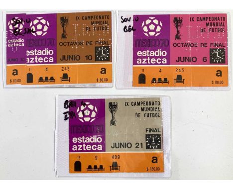Three ticket stubs from the 1970 Mexico World Cup inc: June 21st final between Brazil and Italy, Sov Union v El Salvador June