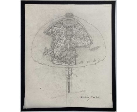 A sheet of A3 tracing paper containing the original high detail preliminary for the cutaway artwork of High Charity as featur