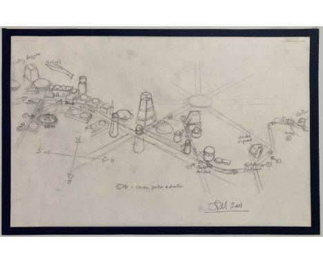 A sheet of A3 tracing paper of an initial preliminary artwork depicting the legacy characters' route through Mos Eisley space