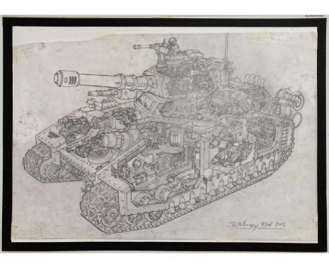 A sheet of A3 tracing paper containing the original high-detail preliminary for the cutaway artwork of The Baneblade Tank as 