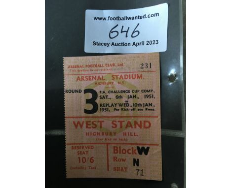 50/51 Arsenal v Carlisle United FA Cup Football Ticket: Excellent condition ticket dated 6 1 1951.