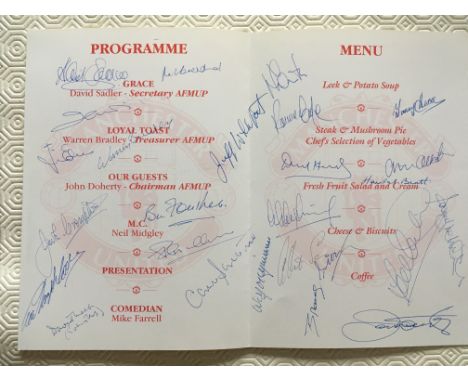 Manchester United Signed Dinner Menu: Held by the Association of Former Players in 2001 and signed inside by Crerand Sadler B